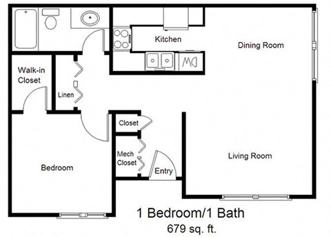 Floor plan for 1 bed, 1 bath, 679 sqft
